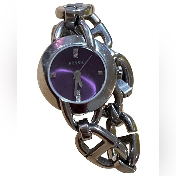 Vintage Fossil Silver-Tone Watch with Purple Dial, Crystal Markers, 6.5\